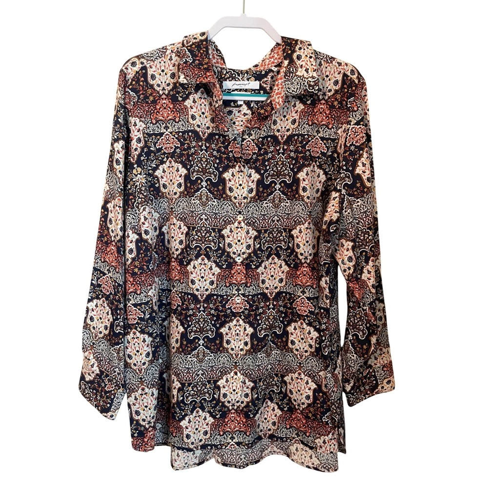 Foxcroft NYC Wrinkle Free Floral Medallion Button Up Shirt Size 20W Rust Navy‎